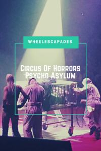 An image to pin. Photo of man in cage with escaped asylum patients around him. Title text is placed over. Circus Of Horrors Psycho Asylum. 