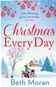Christmas Every Day book cover. A simple colourful cartoon lady with a bike walking through snow towards a cottage. At the top are red baubles hanging and the title text is elegant and in red. 